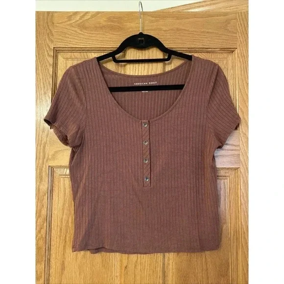 American Eagle Women’s Short Sleeve Ribbed Crop Top sz M Rust Red - Picture 1 of 4